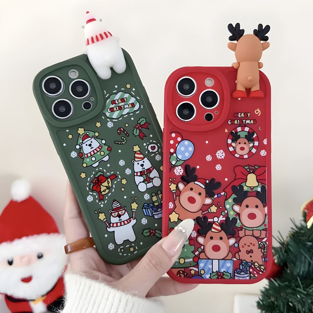 Festliche 3D-Weihnachtshülle mit Bär und Rentier für das iPhone – weiche Silikonhülle