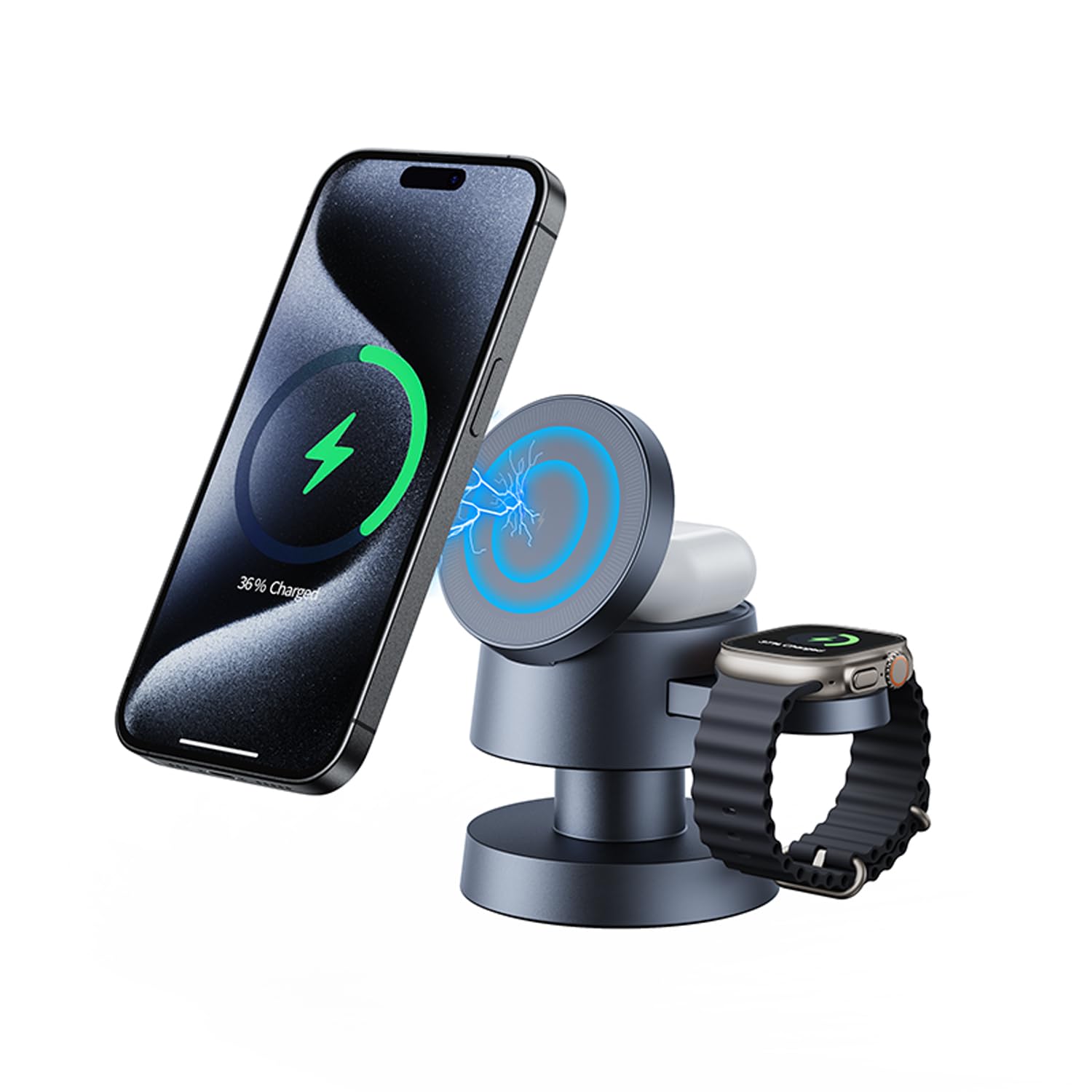 מטען מגנטי 3 ב-1 עם אור סביבתי - עבור iPhone, Watch ו-AirPods