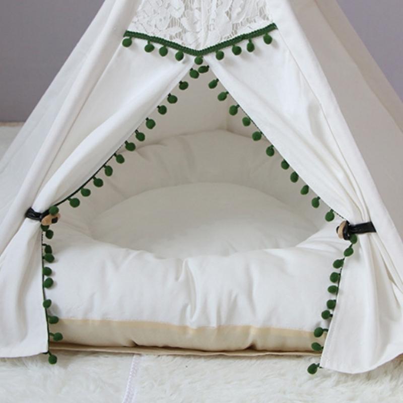 Vintage Green and Ivory Lace Pom Pom Dog Teepee with Dog Cushion