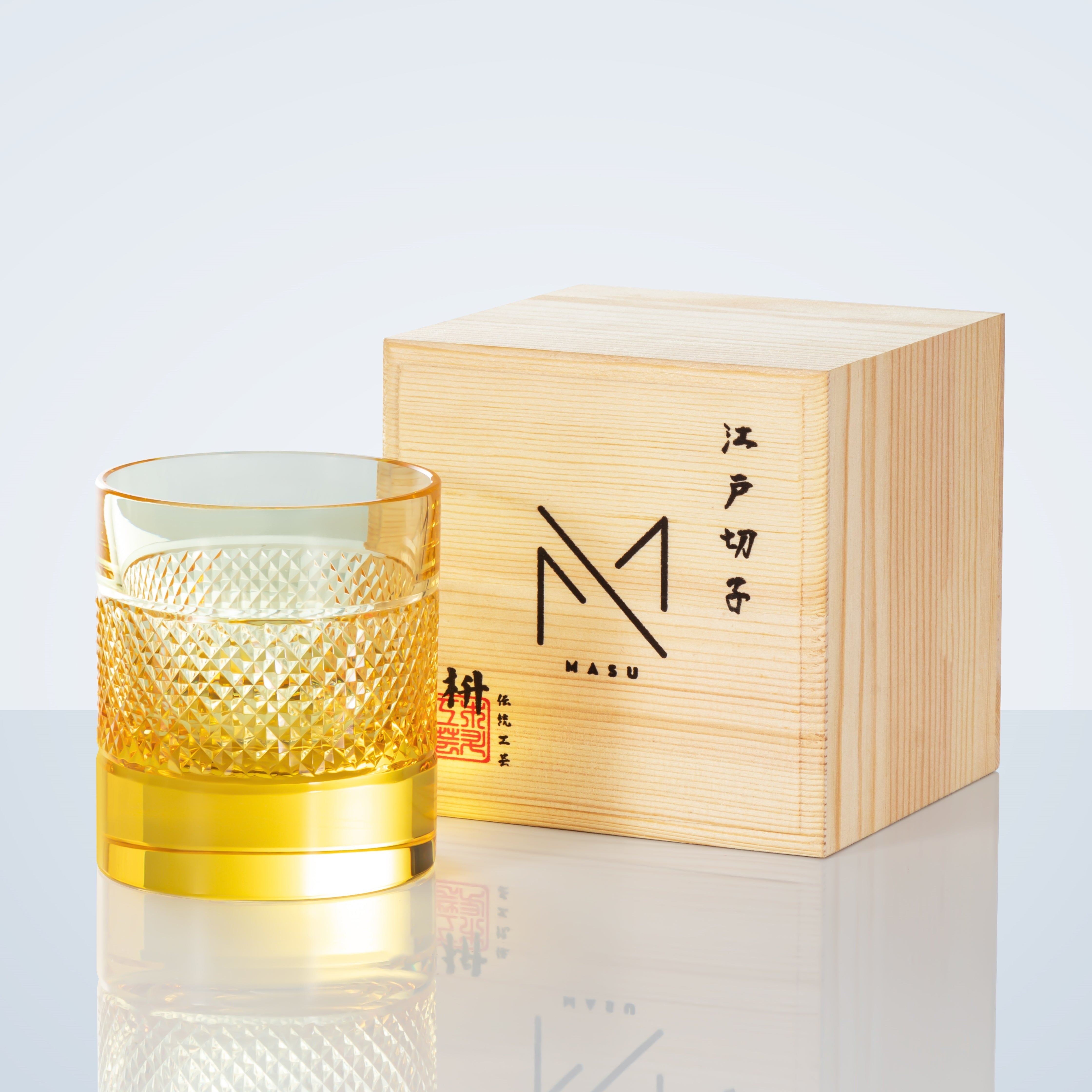 Vasos de whisky multicolores Edo Kiriko Diamond con caja de madera