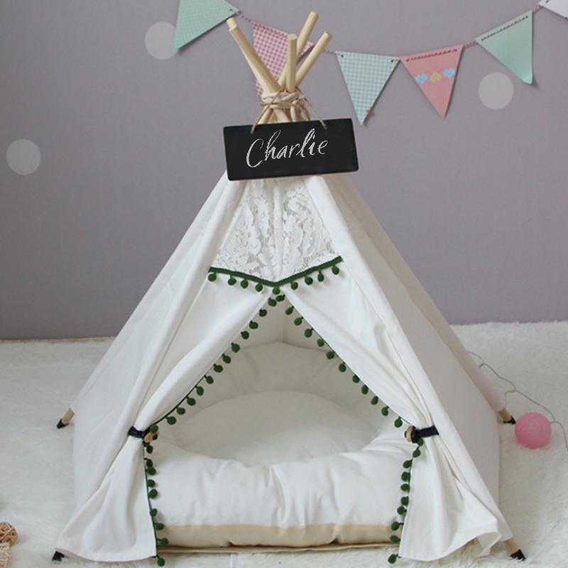 Vintage Green and Ivory Lace Pom Pom Dog Teepee with Dog Cushion