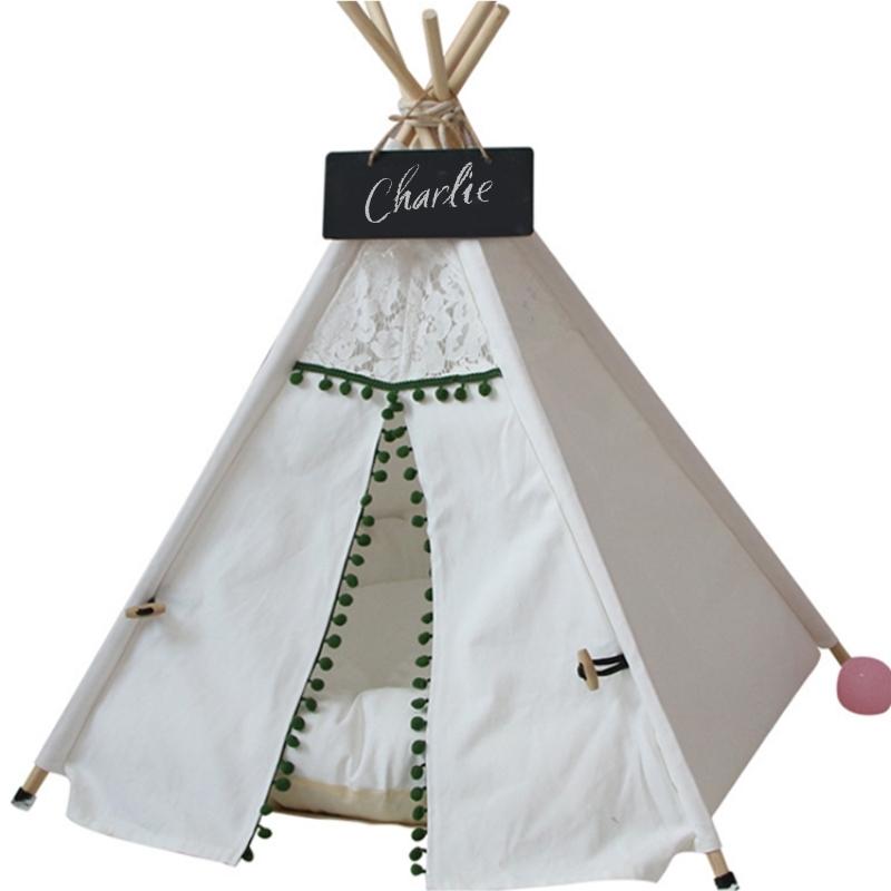 Vintage Green and Ivory Lace Pom Pom Dog Teepee with Dog Cushion