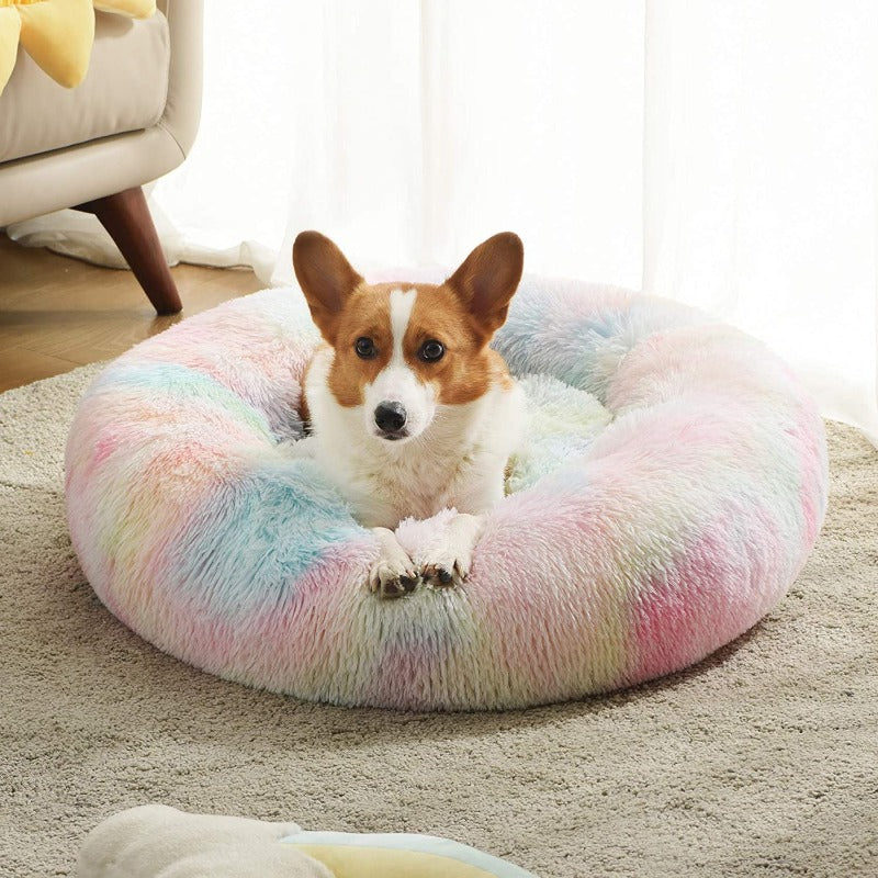 Runde, regenbogenfarbene, extraplüschige, beruhigende Donut-Hundebetten