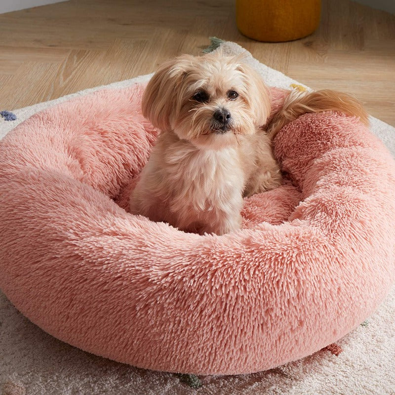 Cama de Cão Redonda de Pelúcia Calmante em Forma de Donut para Cães Pequenos a Grandes