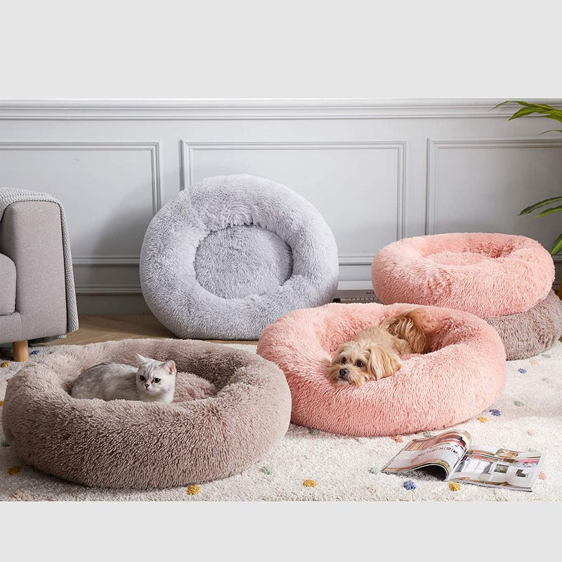 Cama de Cão Redonda de Pelúcia Calmante em Forma de Donut para Cães Pequenos a Grandes