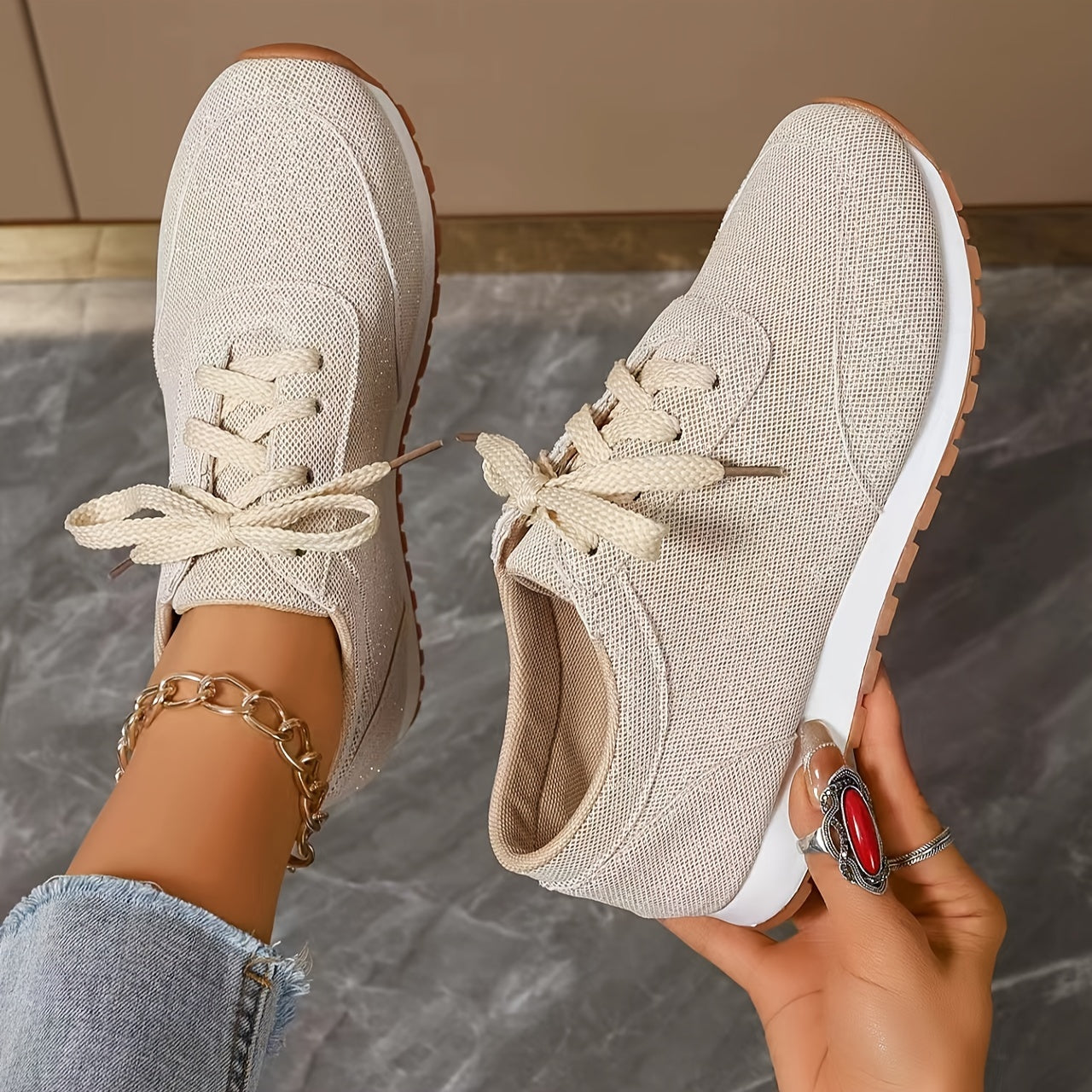 Sneakers effetto lino beige - Scarpe Nora