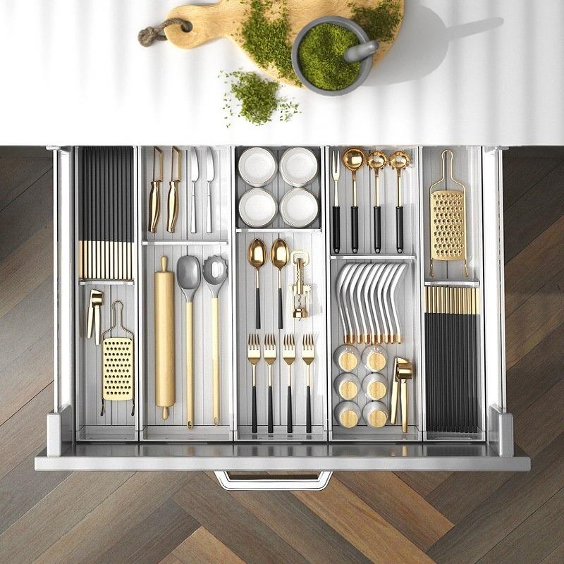 White Aluminium Kitchen Cutlery Drawer Organizer Trays