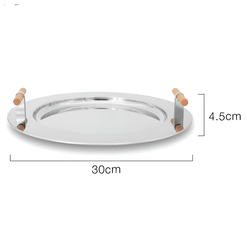 Vassoio Rotondo Elegante in Acciaio Inossidabile con Manici in Legno