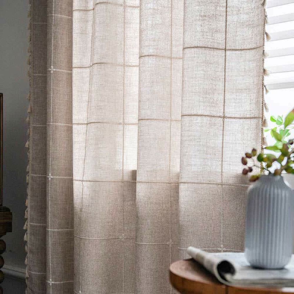 Tassel Plaid Curtain Semi Blackout Drapes