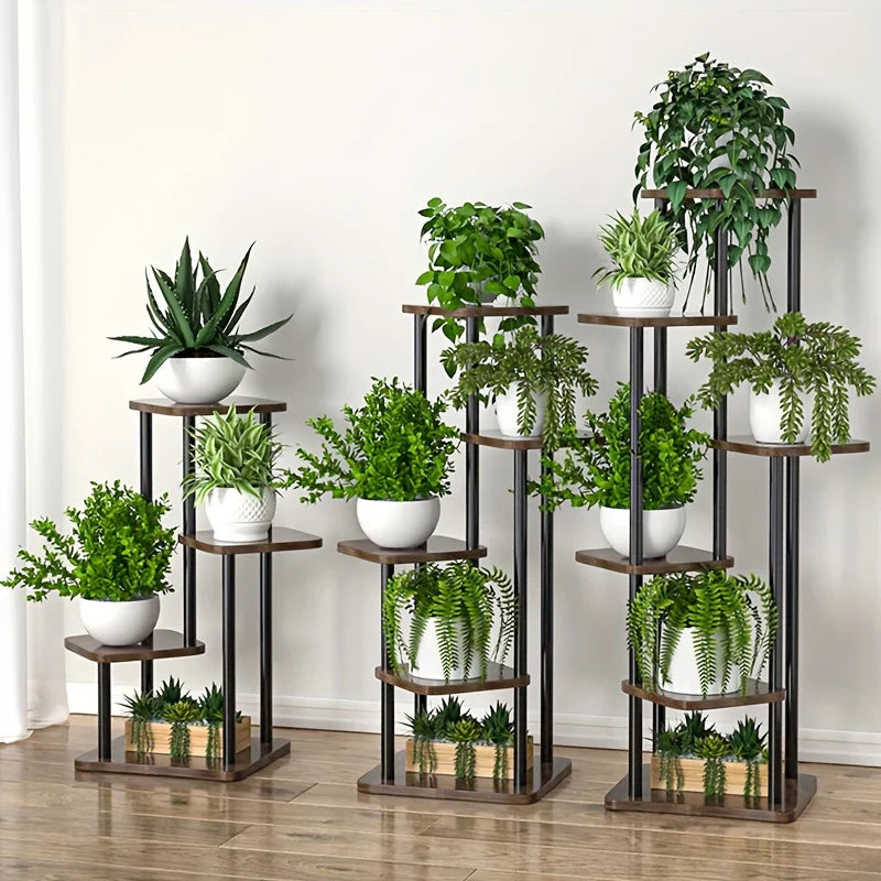 Elegante soporte para plantas de madera - Estante para flores de interior de varios niveles