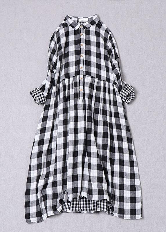 Bohème noir blanc Plaid col claudine poches bouton automne Patchwork robes