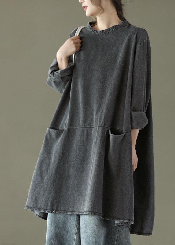 Boho Black Grey O-Neck Pockets Denim Long Dresses Long Sleeve