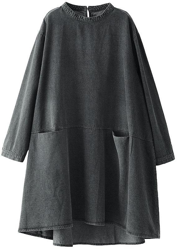 Boho Negro Gris O-Cuello Bolsillos Denim Vestidos largos Manga larga