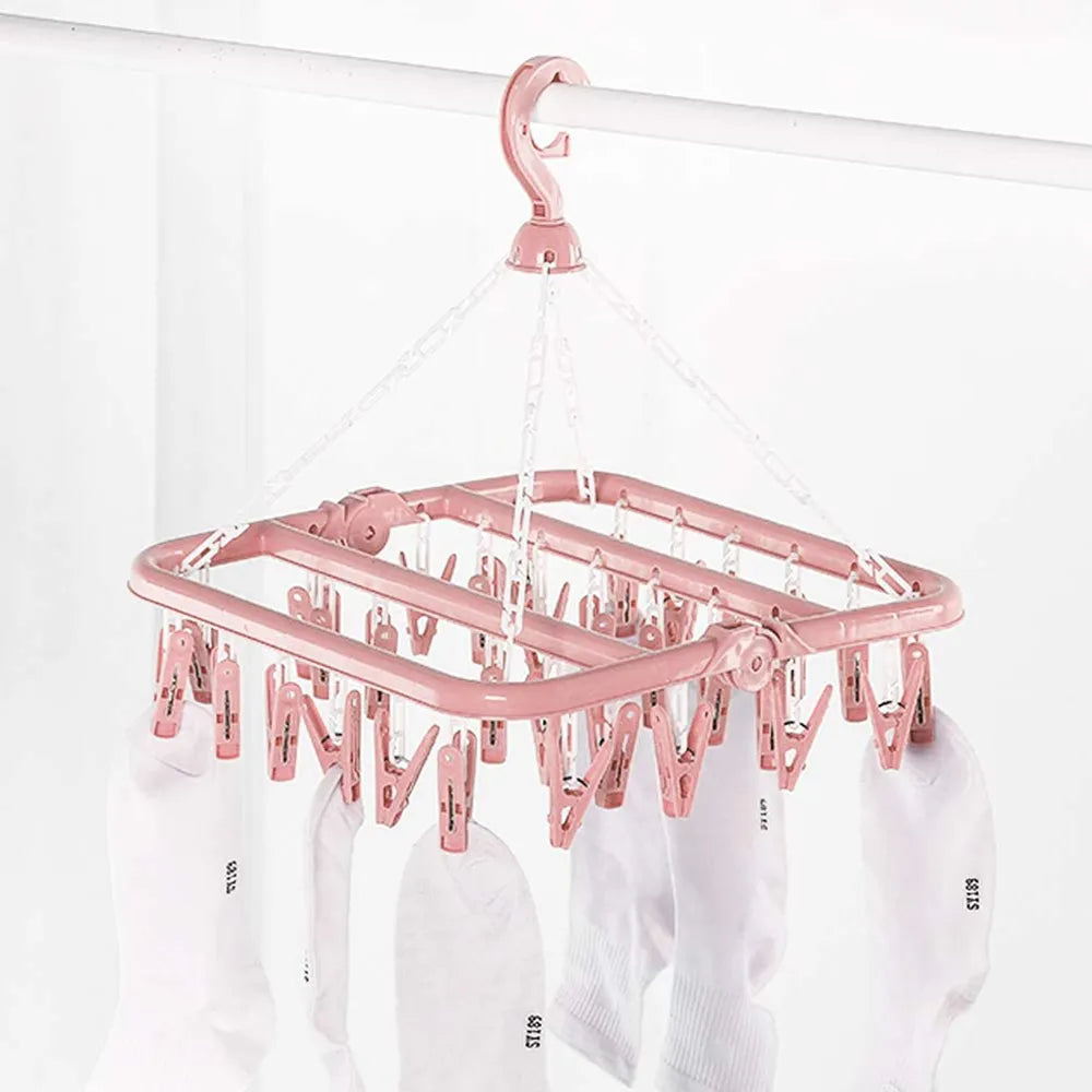 32-Clip Clothes Drying Hanger – Space-Saving Foldable Laundry Rack for Socks, Underwear, and Delicates