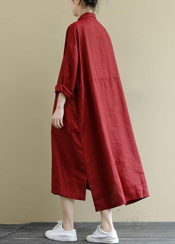 Red Linen Shirt Dress Casual Oversize Spring Maxi Dresses