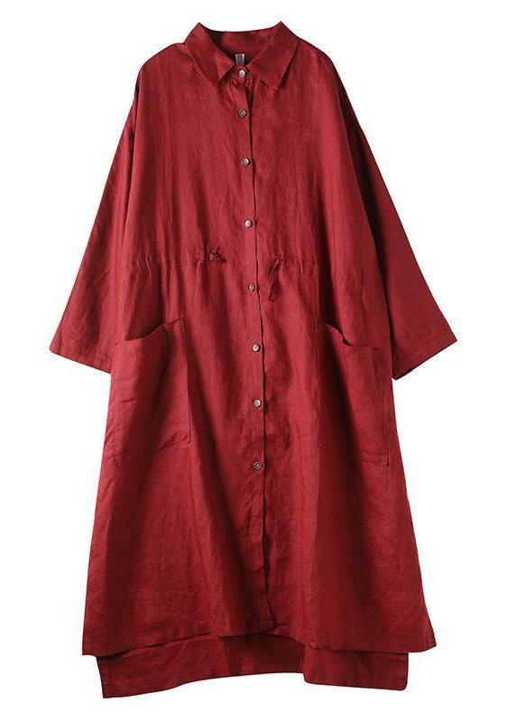 Red Linen Shirt Dress Casual Oversize Spring Maxi Dresses