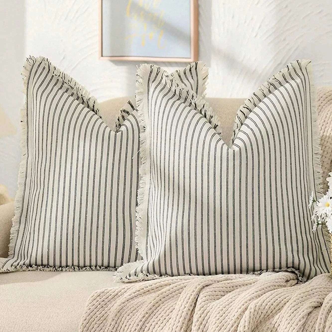 Housses de coussin décoratives en coton jacquard rayé nordique - 6 couleurs