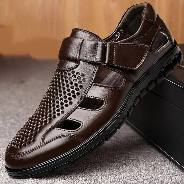 Genuine Leather Men Business Casual Hollow Work With Holes Leather Sandals