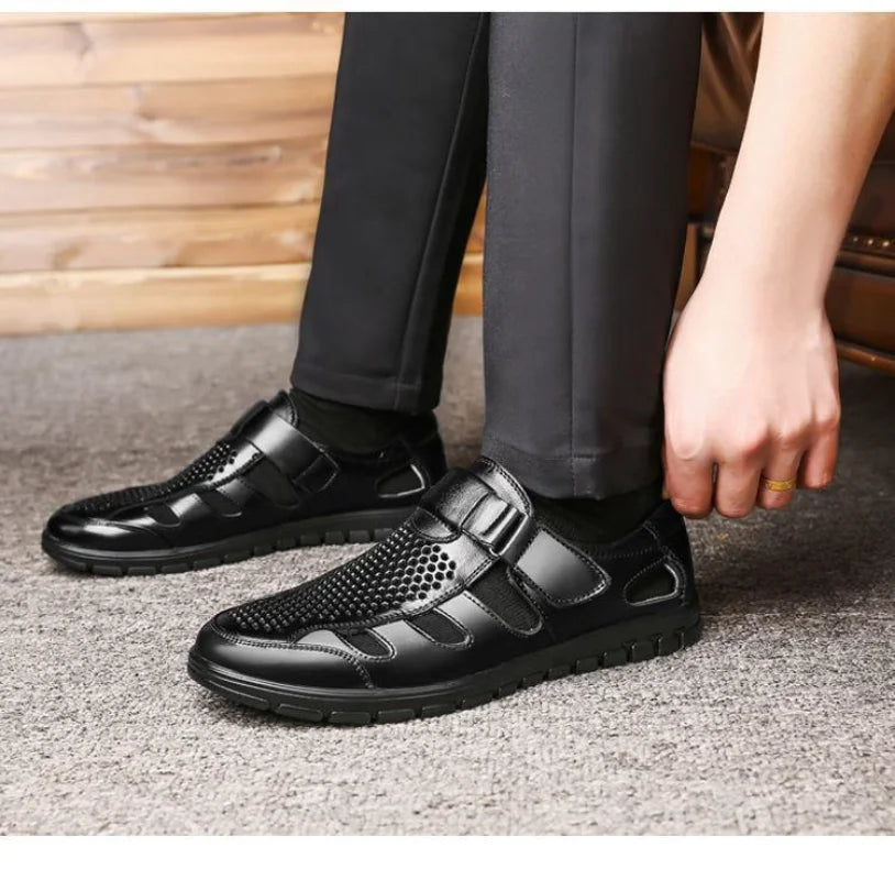 Äkta läder män Business Casual ihåliga arbete med hål läder sandaler