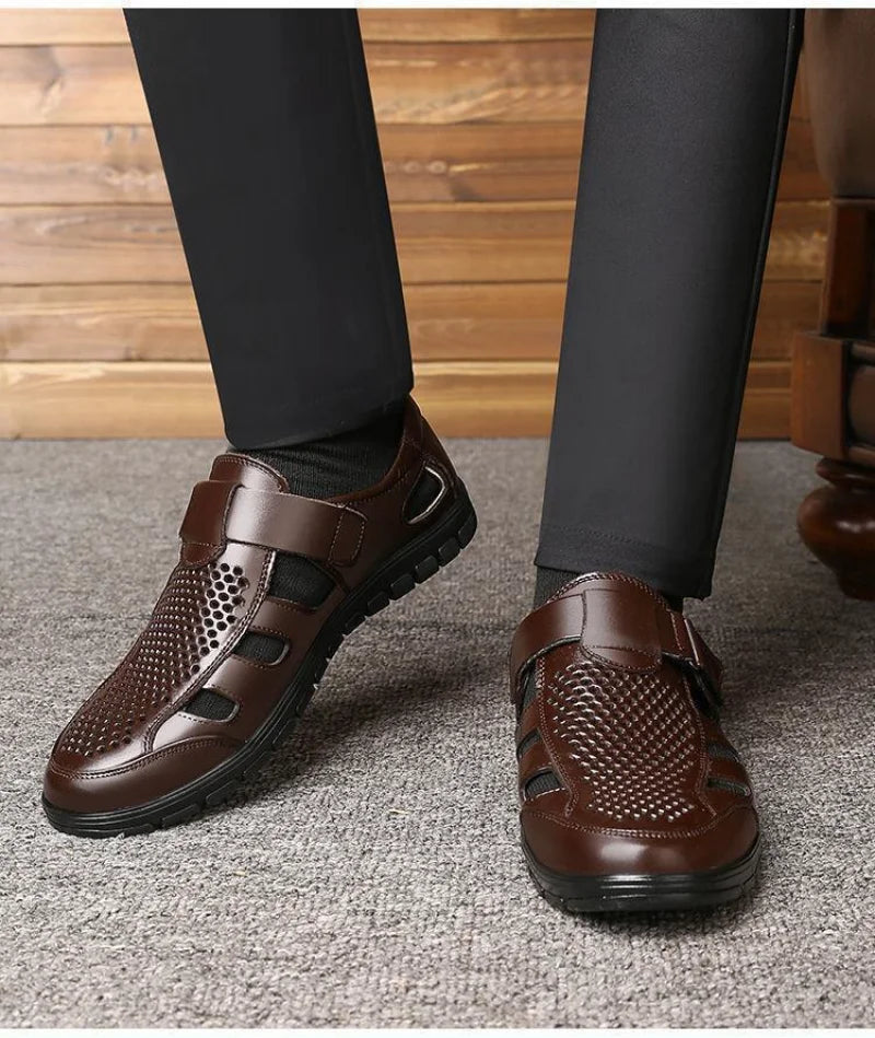 Genuine Leather Men Business Casual Hollow Work With Holes Leather Sandals