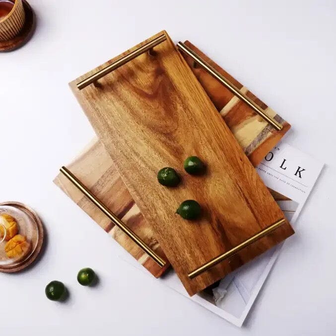 Kemorela Wooden Serving Tray with Metal Handle