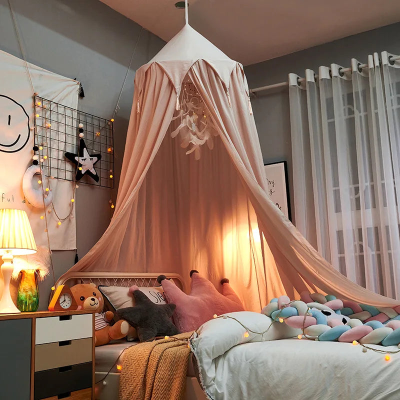 Kids Bed Canopy With Tassel & Frill Detail - White, Pink & Grey