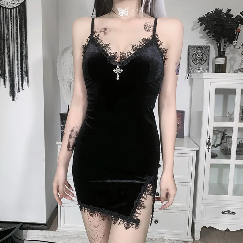 Sara - Dark Cross Black Gothic Mini Dress | Sexy Spaghetti Strap High-Waist Slit Party Look