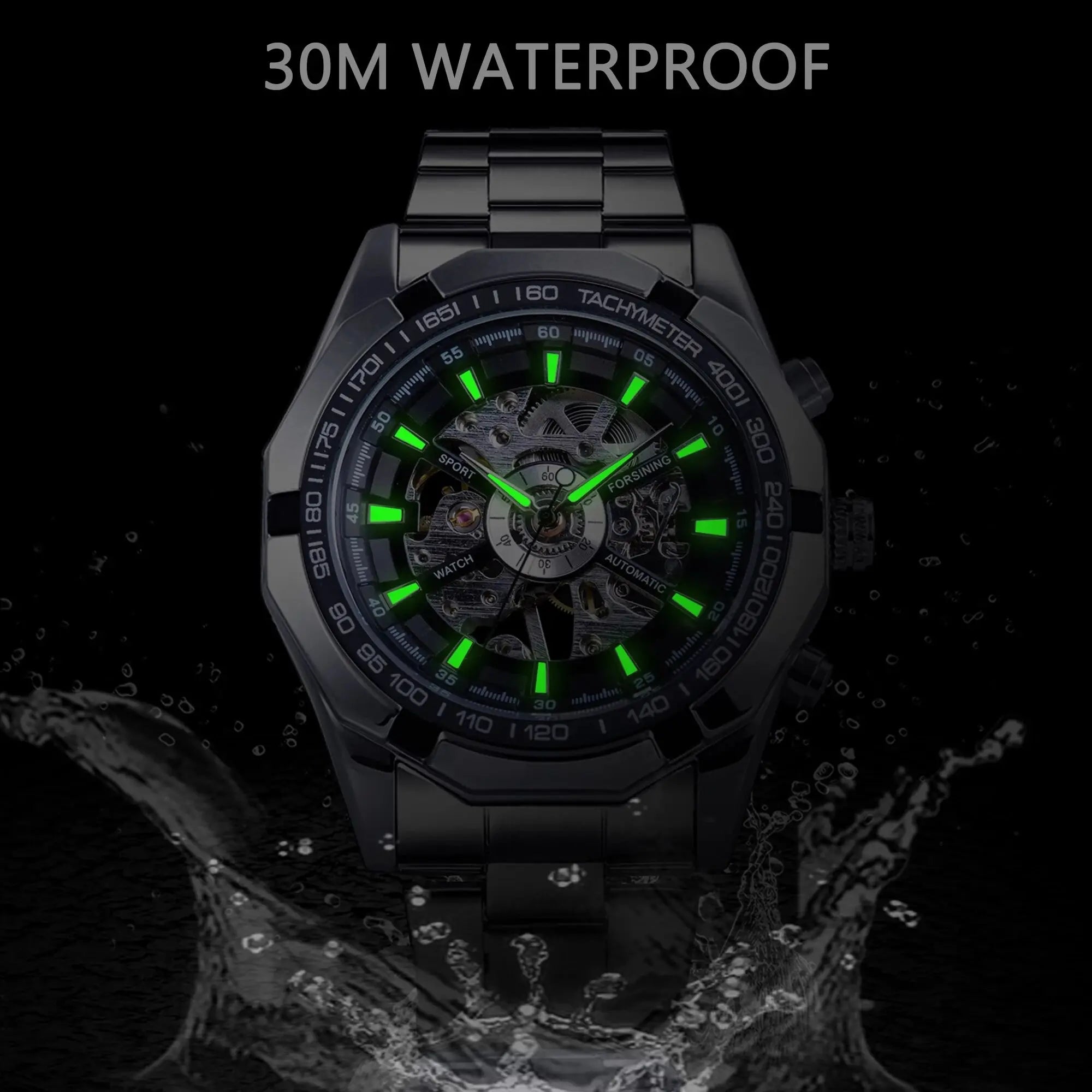 Stainless Steel Waterproof Men's Skeleton Watches -  Transparent Mechanical Sport Male Wrist Watches