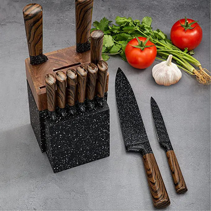 12-Piece German Steel Kitchen Knife Set with Japanese Wooden Handle & Block