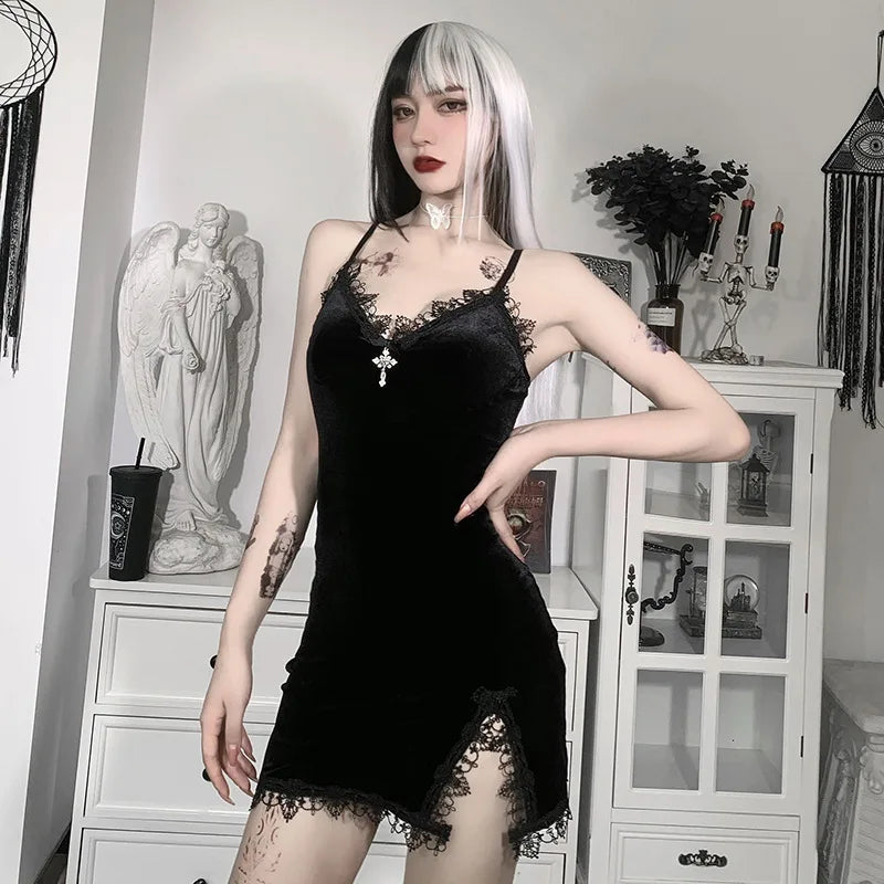 Sara - Dark Cross Black Gothic Mini Dress | Sexy Spaghetti Strap High-Waist Slit Party Look