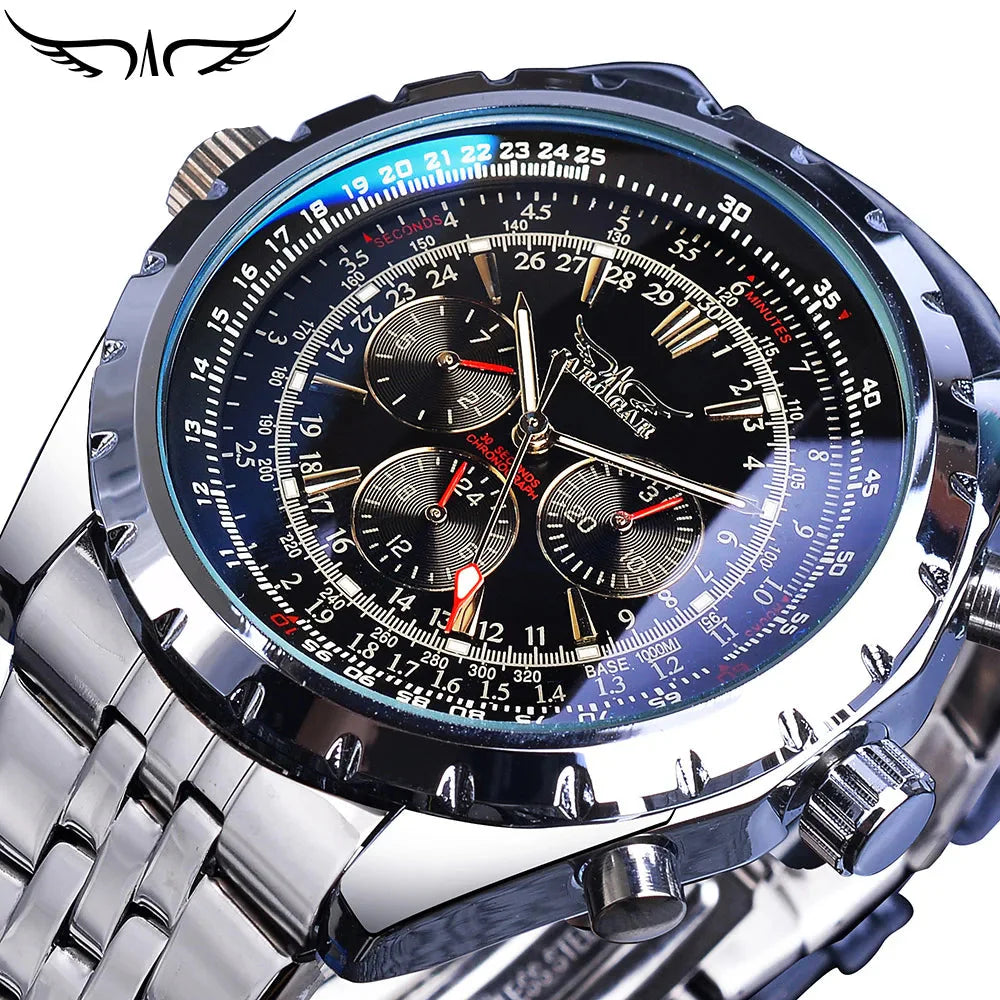 Montre automatique Jaragar Blue Glass Design - Montre-bracelet mécanique d'affaires en acier inoxydable pour homme