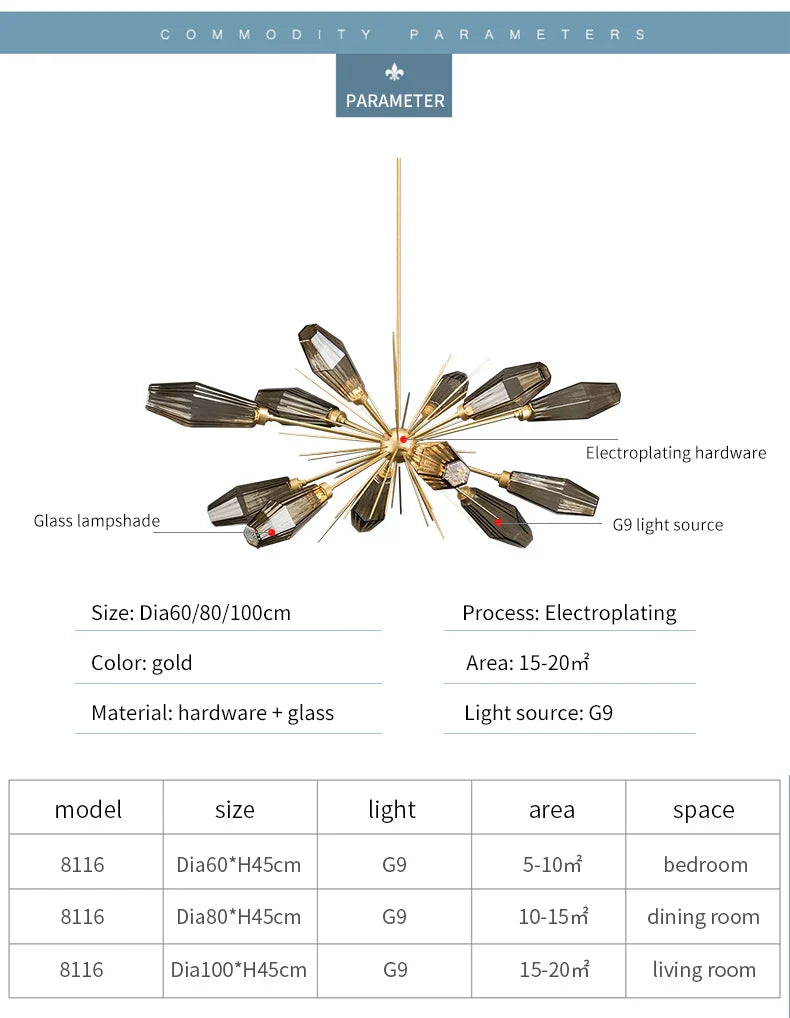 Lustre Satellite nordique LED en verre gris, suspension créative