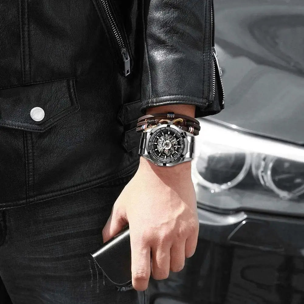 Stainless Steel Waterproof Men's Skeleton Watches -  Transparent Mechanical Sport Male Wrist Watches