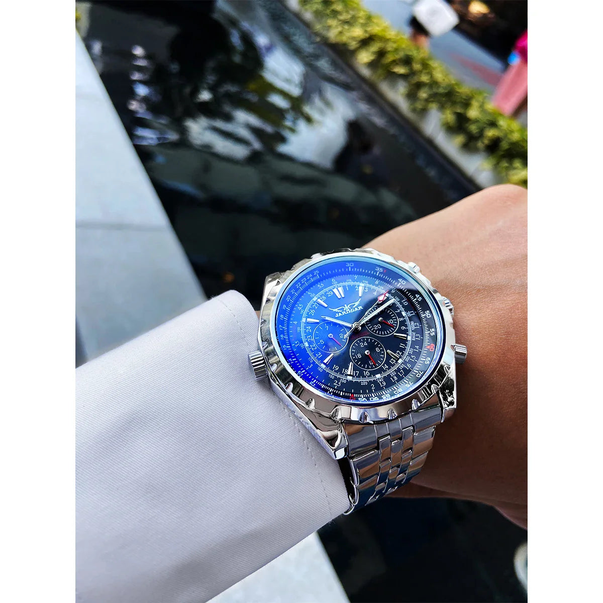 Montre automatique Jaragar Blue Glass Design - Montre-bracelet mécanique d'affaires en acier inoxydable pour homme