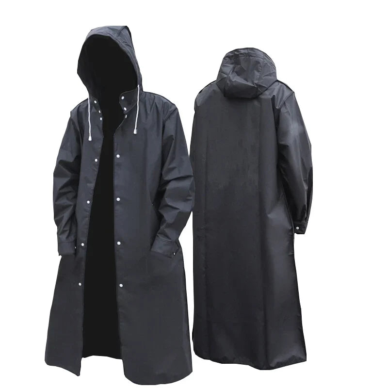 Waterproof Autumn Long Black Raincoat – Hooded, Thickened Jacket for Outdoor