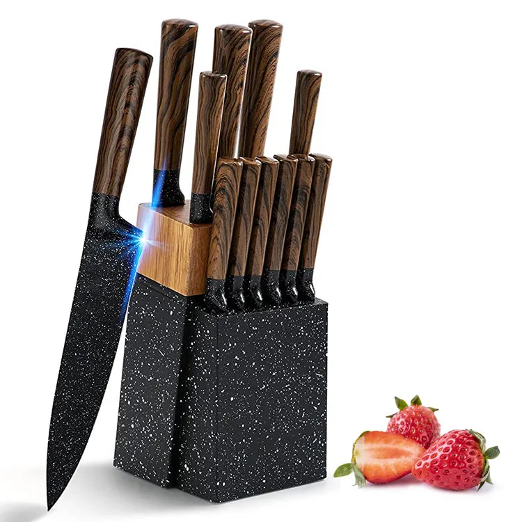 12-Piece German Steel Kitchen Knife Set with Japanese Wooden Handle & Block