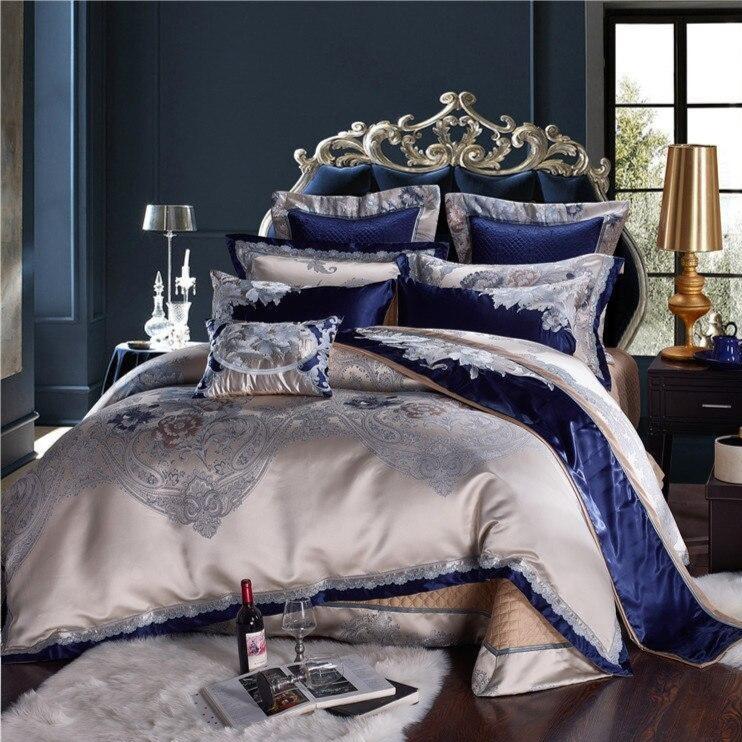 Ensemble de housse de couette chinois de luxe en jacquard de coton et de soie bleu argenté Impero