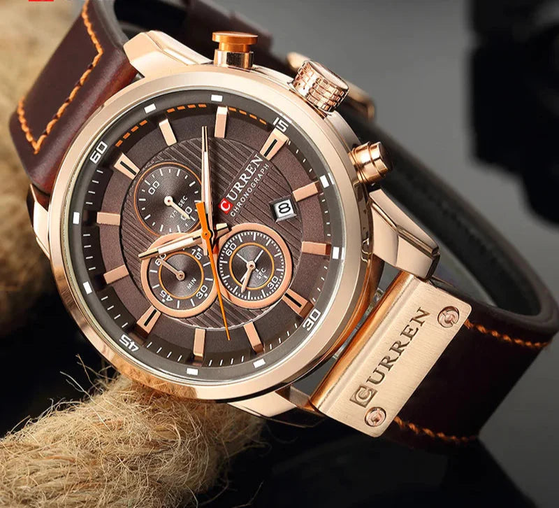 8291 Leren sporthorloge voor heren - Chronograaf quartz polshorloge in militaire stijl