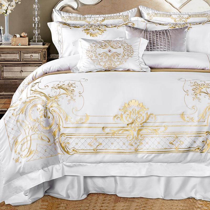 Conjunto de Roupa de Cama de Bordado em Algodão Egípcio DeLuxxe Branco