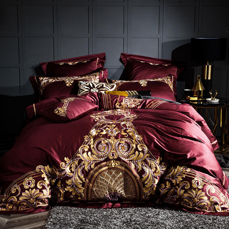 Lezkira Parure de lit de luxe en coton égyptien avec broderie Rouge bordeaux