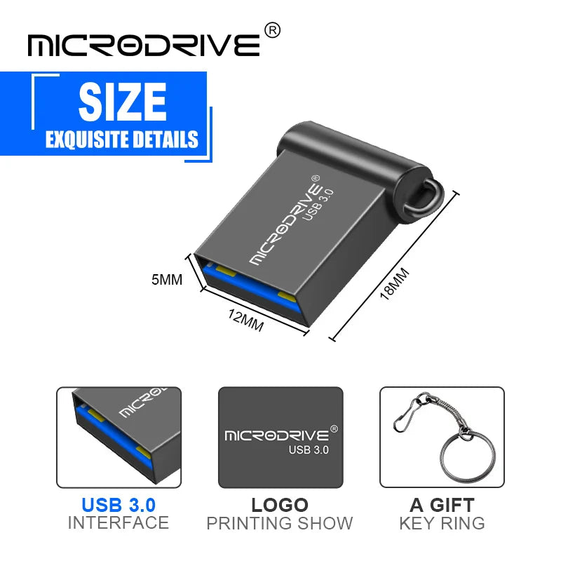 MicroDrive Super Mini USB 3.0 Pen Drive | Metallo 16 GB, 32 GB, 64 GB, 128 GB | Pen Drive ad Alta Velocità per PC e Mac