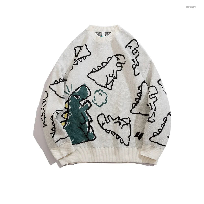 Maglione Harajuku da uomo di Ed - Pullover con dinosauro dei cartoni animati Hip Hop lavorato a maglia O-Collo oversize