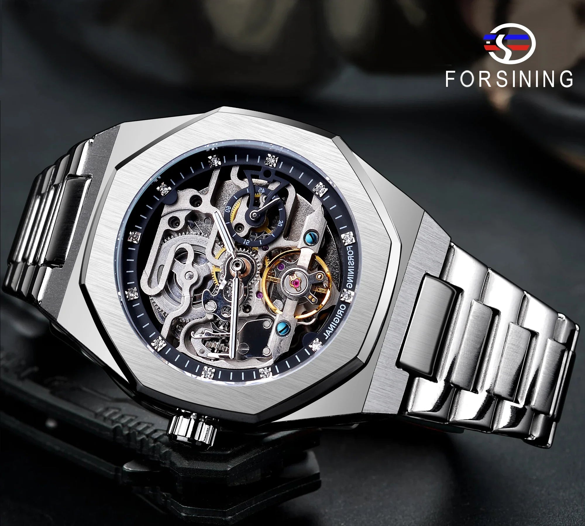 Casual Automatic Watch - 3D Diamond Skeleton Hollow Herrarmbandsur med lysande militärdesign