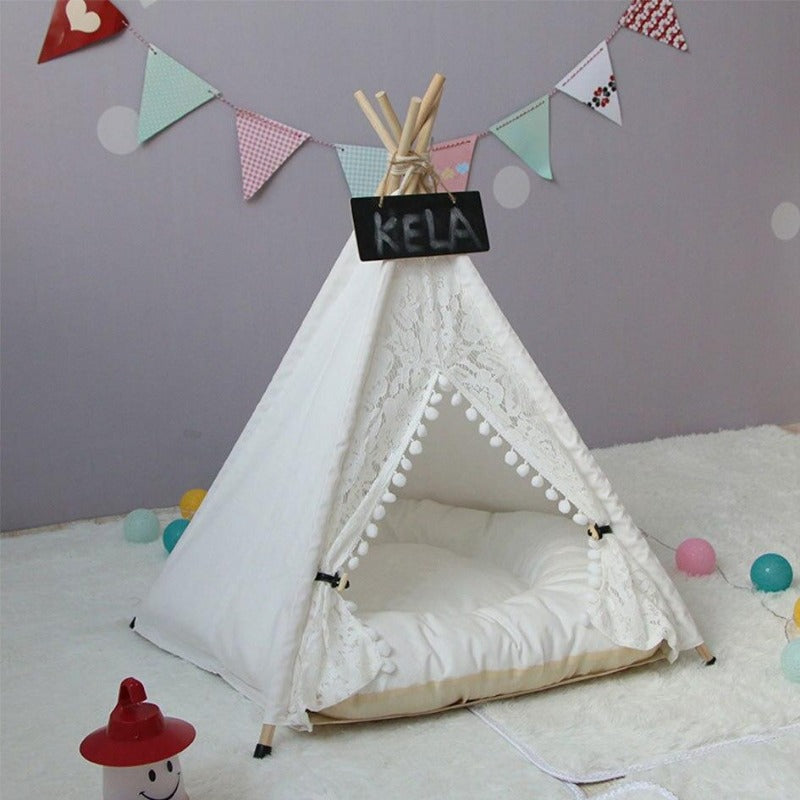 White Lace Pom Pom Dog Teepee with Dog Cushion