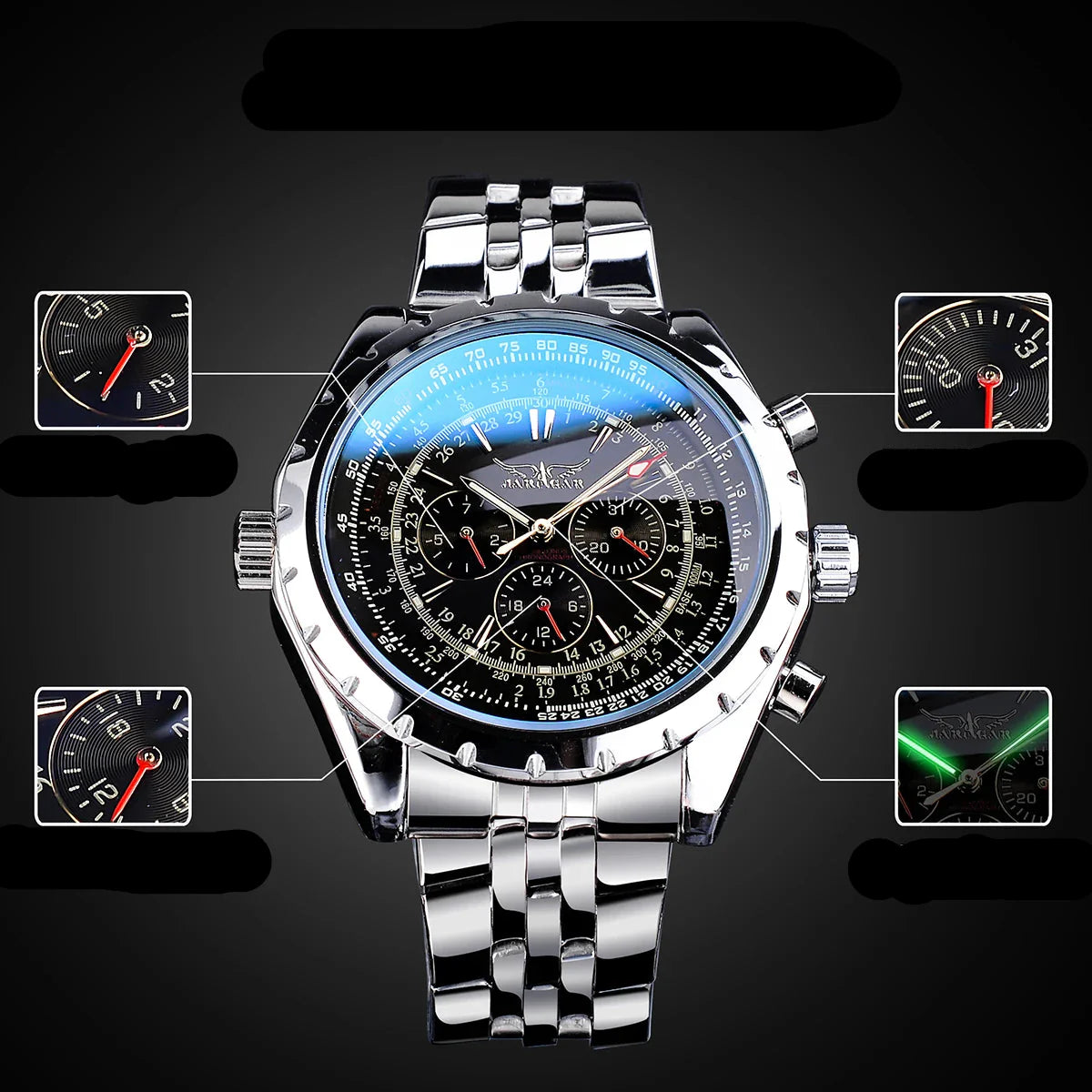 Montre automatique Jaragar Blue Glass Design - Montre-bracelet mécanique d'affaires en acier inoxydable pour homme