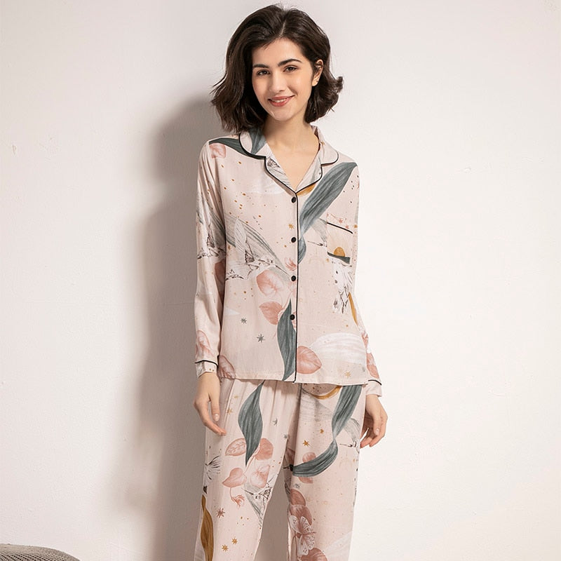 Pijamas de manga longa com estampado floral para mulheres