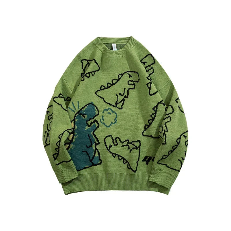 Maglione Harajuku da uomo di Ed - Pullover con dinosauro dei cartoni animati Hip Hop lavorato a maglia O-Collo oversize