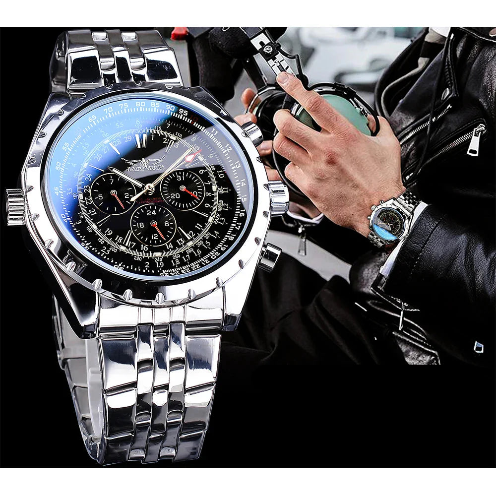 Montre automatique Jaragar Blue Glass Design - Montre-bracelet mécanique d'affaires en acier inoxydable pour homme