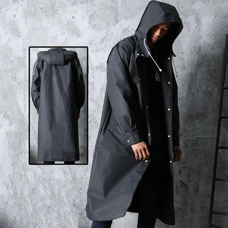 Waterproof Autumn Long Black Raincoat – Hooded, Thickened Jacket for Outdoor