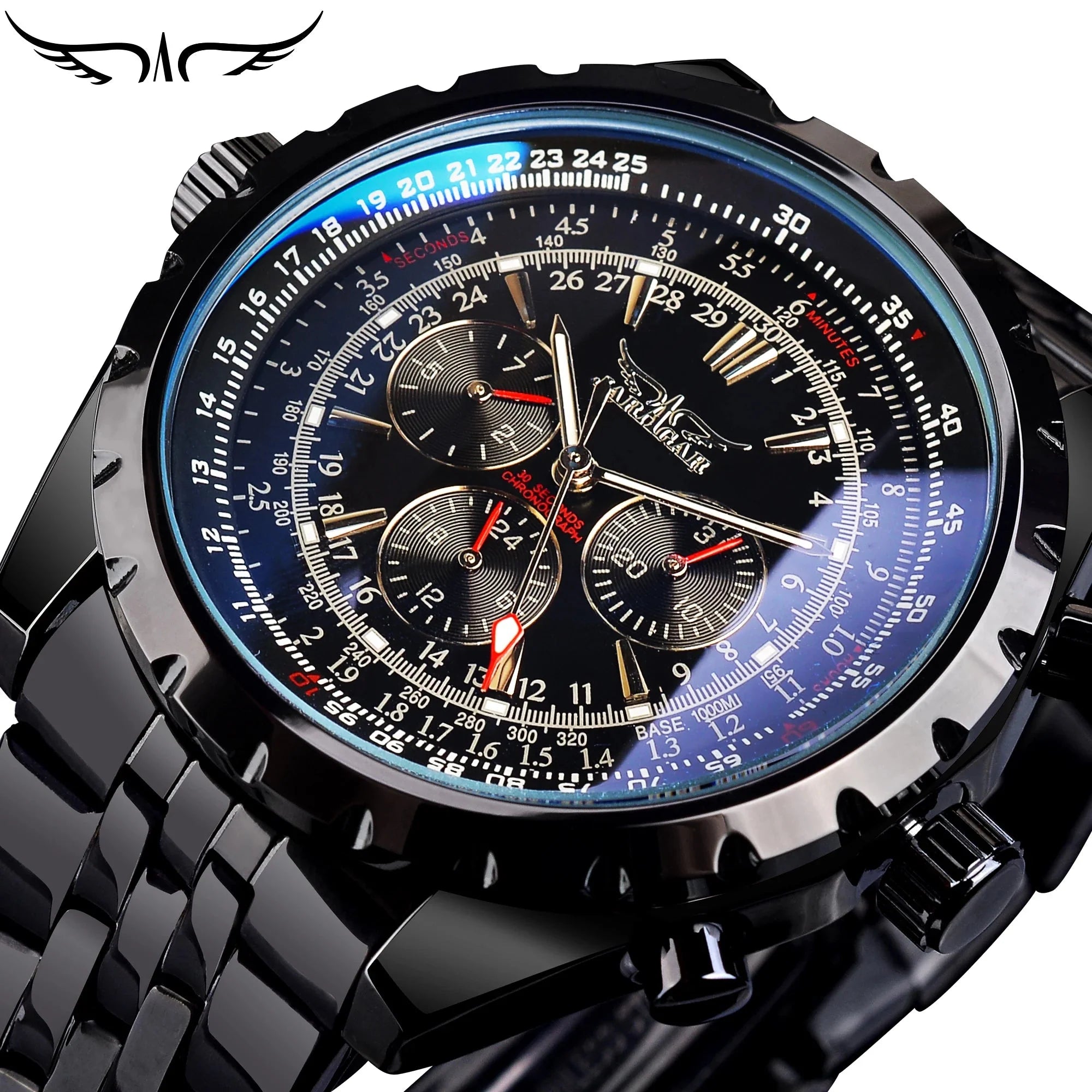 Montre automatique Jaragar Blue Glass Design - Montre-bracelet mécanique d'affaires en acier inoxydable pour homme